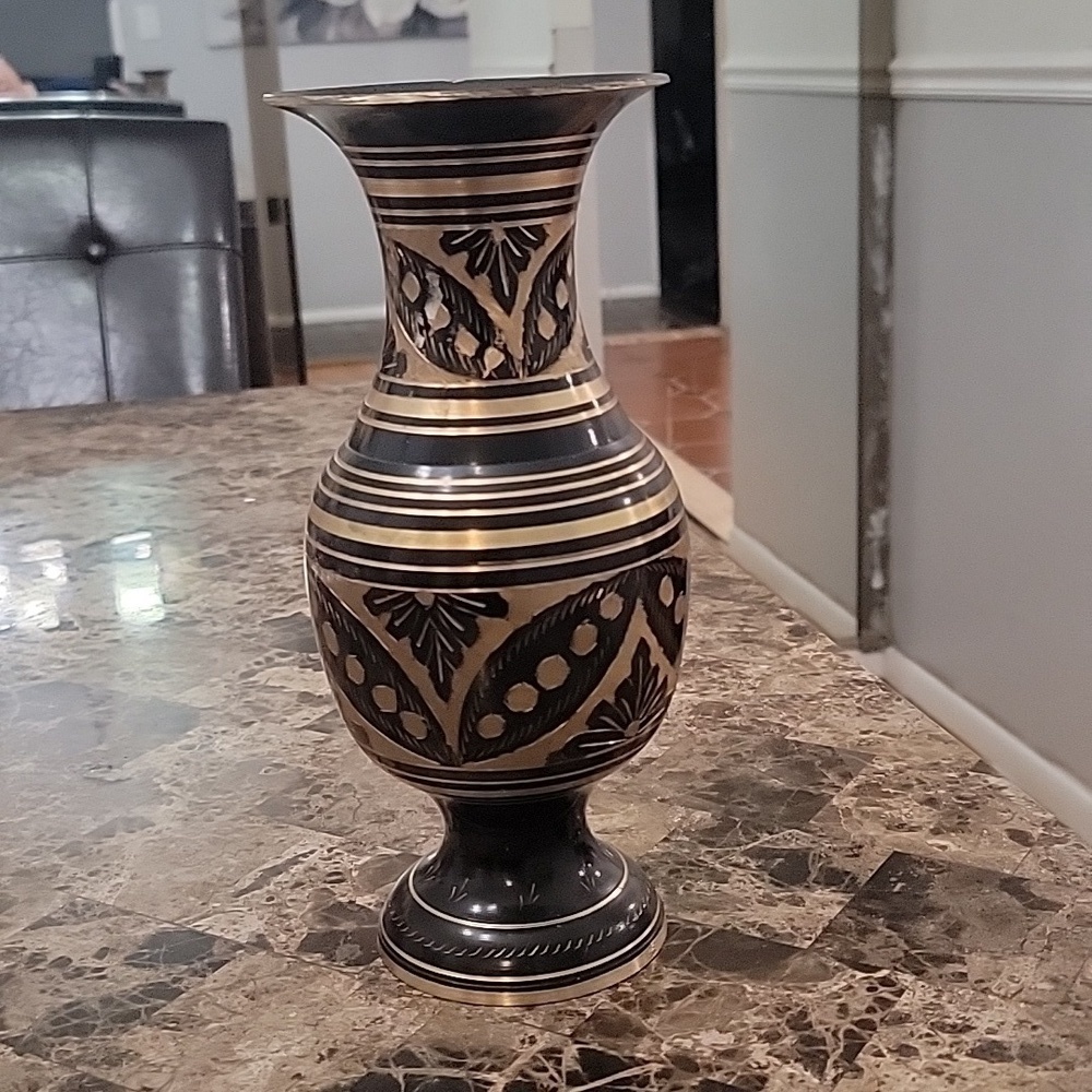 Vintage Black and Gold Brass Vase | Hand Etched Floral Solid Brass BH